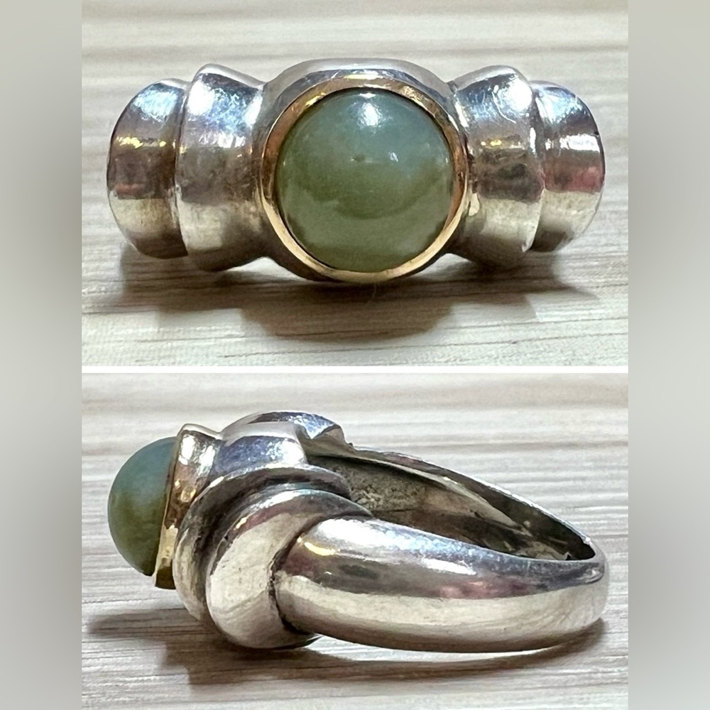 Vintage Designer Hallmarked Sterling Silver & Gold Bezel Set Jade Ring, Size 6